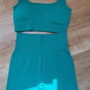 O QQ Teal Ribbed Crop Top and High-Waisted Shorts Set